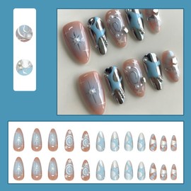 24 Pcs Silver Brown Press on Nails Short Almond Nail Tips,YEFIUO Acrylic Nail Kit Fake Nails Press ons Glue on Nails Artificial French False Nails Pearl Starburst Stick on Nail Art Design for Women
