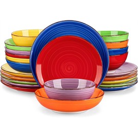 vancasso Bonita Dinnerware Sets, 24 Pieces Multicolor Stoneware Dinner Set for 6, Handpainted Spirals Pattern Ceramic Plates and Bowls Sets Kitchen Plate Set