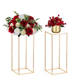 Nuptio - Jarrones de centro de boda dorados: 2 piezas de 23.6 pulgadas de alto, soporte de metal para florero, columna geométrica, soporte de centro de mesa rectangular para decoración de bodas