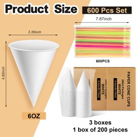 Roshtia 1200 Pcs 6oz Snow Cone Cups with Straw Spoon Thicken Disposable Cone Cup Pull Type Wall Mount for Restaurants Home Office and Shaved Ice (White, Paper)
