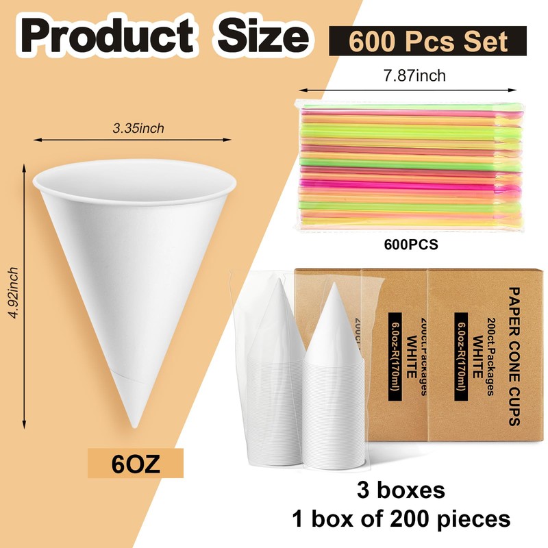 Roshtia 1200 Pcs 6oz Snow Cone Cups with Straw Spoon
