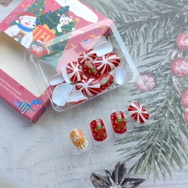 24Pcs Christmas Nails Short Press on Nails Square Red Fake Nails Gingerbread Man Nails Design Cartoon Acrylic Nails Candy Cane Pattern Cute False Nails Reusable Glue on Nails for Women Girls Manicure