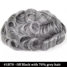 Toupee for Men Human Hair System Piece Ultra Thin Skin Mens Toupee All V Looped Super PU 0.06mm Invisible Hairline Hairpieces for Man Hair Unit Patch Replacement Wigs 1B Off Black with 70% Grey