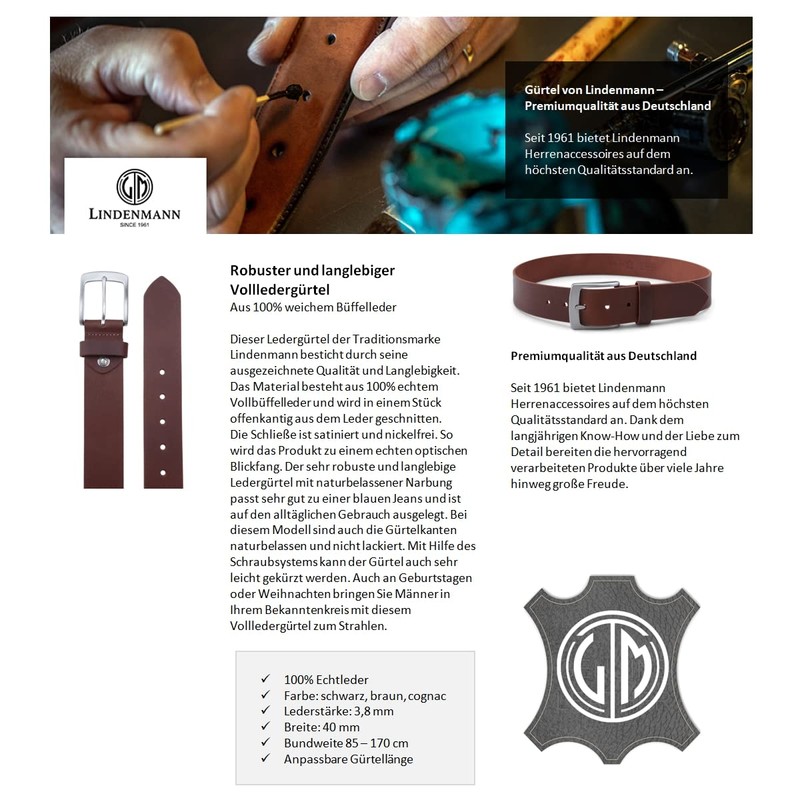 LINDENMANN Men's Leather Belt, Full Cowhide Leather, Buffalo Leather, 4