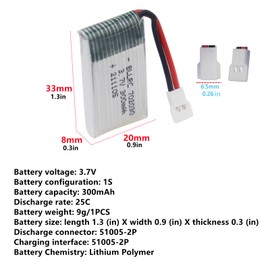 Fytoo - Batería de litio de 3,7 V, 300 mAh, 25 C, con cargador 5 en 1 para Syma S39 X11 X11C WLToys V911S A120 XK A150 V966 FX801 UDI U830 U816A Hubsan X4 H107L DFF D F180 F1W F180C HS170 HS170C - Batería de litio