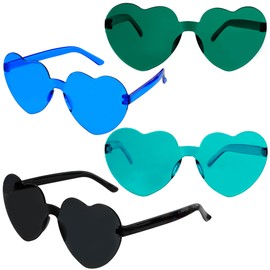 WRNZL Black Blue Teal Green Heart Sunglasses Heart Shaped Glasses Valentines Bachelorette Halloween Plastic Rimless Clear Fun Rave Party Favors Decorations Glasses 4 Pairs Bulk Women Men