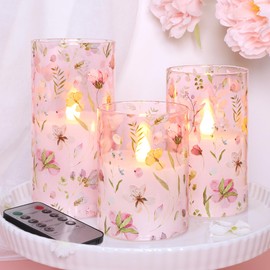 Immeiscent Pink Glass Flameless Candles with Remote Timer Watercolor Floral Decor Botanical Battery Operated Flicker LED Pillar Candle for Table Centerpiece Wedding Home Decoration, Set of 3