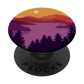 marabonsDesignsForMountainFans Mountain Pine Tree Landscape Lake Sunset Scene Retro Colors PopSocket Adhesive PopGrip for Smartphones with Smooth, Hard, Plastic Cases - Black