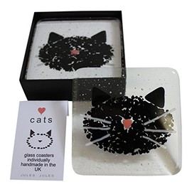 JULES Pair of Handcrafted Glass Coasters Featuring A Black Cat Kitten Face