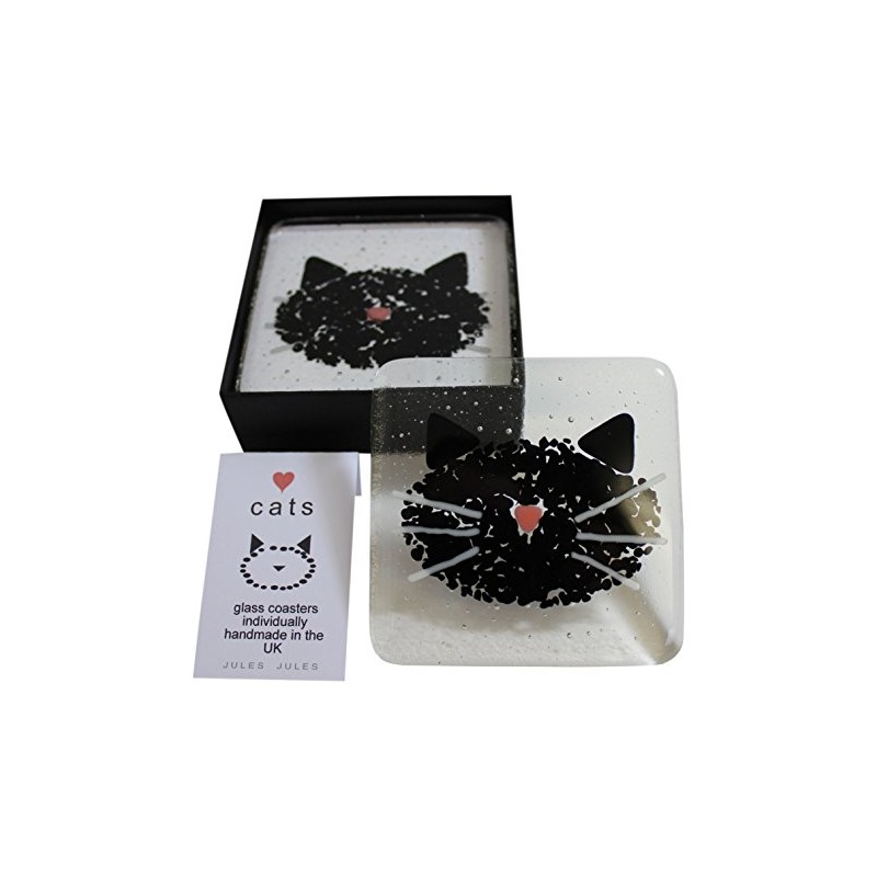 JULES Pair of Handcrafted Glass Coasters Featuring A Black Cat