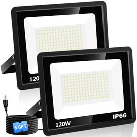 QENLAI 120W LED Flood Light with Plug, 14400Lm Super Brighter Security Lights with 6.6ft Wire, 5000K Daylight White IP66 Waterproof Outdoor Work Light Floodlight for Yard Stadium Garden, 2 Pack