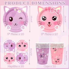 Cat Birthday Party Supplies Set, Kitten Tableware Includes Plates, Napkins, Cups for Kids, Cat Party Decorations for 20 Guests (Style A)