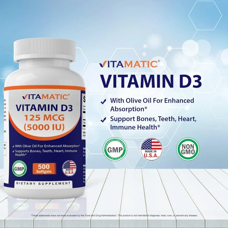 ☀️🦴 Vitamatic Vitamina D3 5000 IU | 500 Cápsulas |