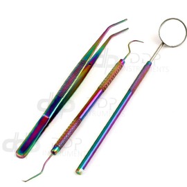 DDP Dentist Tools Hygiene Kit - Includes Tarter Scraper Remover 3pc Dental Pick, Dental Tweezer, and Mouth Mirror - Titanium Rainbow Color - Dentist Prepared Tools Kit