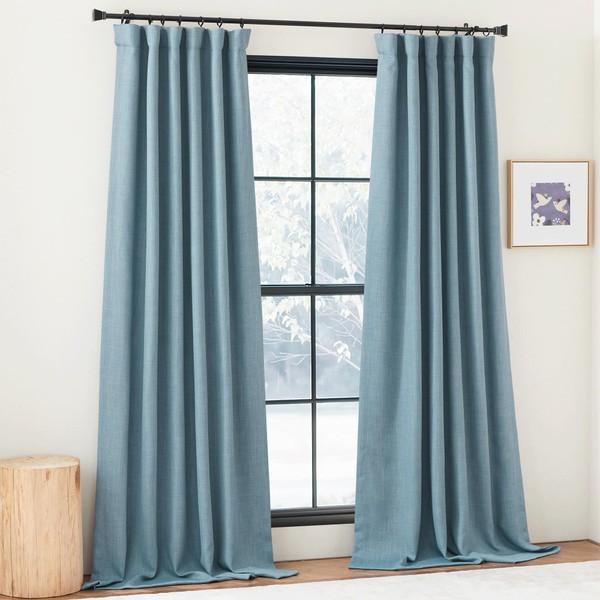 NICETOWN Faux Linen Mist Blue Curtains for Living Room, Pinch Pleated Curtains Room Darkening Window Treatments Thermal Drapes Light/Noise Blocking for Bedroom/Nursery, W50 x L96, 2 Pieces