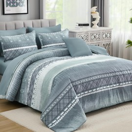 WONGS BEDDING 8 Piece King Size Comforter Set, Blue Striped Bed in a Bag Comforter and Sheet Set, Boho Lightweight Microfiber Bedding Set for All Season (90"×104")