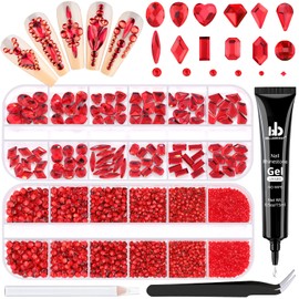 BELLEBOOST 2680Pcs Red Glass Nail Rhinestones 120Pcs Multi Shapes Flatback Nail Gems + 2560Pcs 1.5-4mm Round Crystal with Rhinestones Glue Gel, Manicure Nail Charms Diamond Gemstones for Nail Art