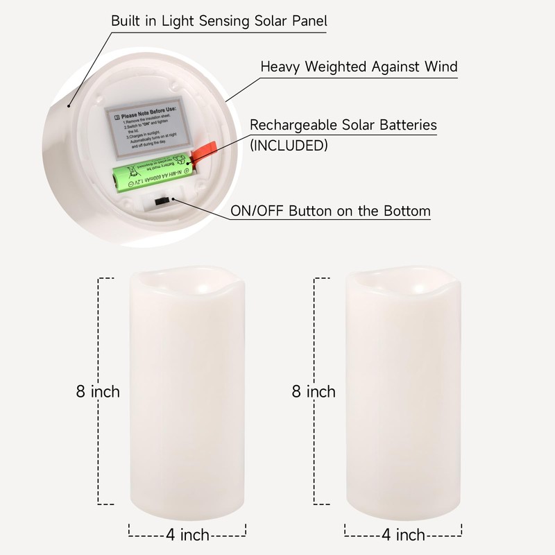 NURADA Large Outdoor Solar Candles Waterproof - 8" x 4"