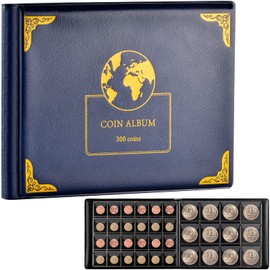 Coin Collection Supplies Holder Book for Collectors, 300 Pockets Coin Collection Organizer Storage Box Case Album for 20/25/ 27/30/ 38mm Coins (Blue)