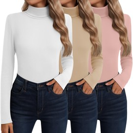 Neer 3 Pack Cotton Women's Turtleneck Long Sleeve Tops Thermal Underwear Base Layer Fall Winter Shirts Sweater(White, Cream Khaki, Dusty Pink,XXL)