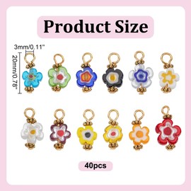 HOBBIESAY 40Pcs Lampwork Charms Millefiori Lampwork Charms Glass Lampwork Charms Flat Round Floral Charms Colorful Spacer Loose Dangle Charms for Jewelry Making Decorations Hole:2.5mm