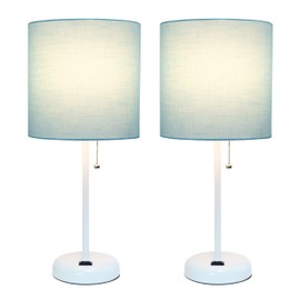 Simple Designs LT1144-AOW-2PK 19.5" 2-Pack Sleek and Slender White Table Lamp Set with Charging Outlet, for Bedroom, Living Room, Entryway, Office, Dining Room, Study, Aqua Shades