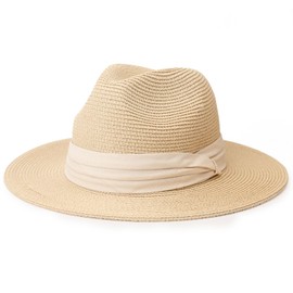 DRESHOW Women Wide Brim Straw Panama Hat Travel Fedora Beach Sun Hat Summer Straw Roll up Hat UPF 50+