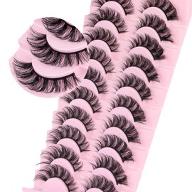 Veleasha Russian Strip Lashes D Curl False Eyelashes Fluffy Wispy Faux Mink Lashes 10 Pairs Pack (D07)