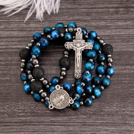 Nazareth Store Blue Tiger's Eye Rosary Beads for Men, Catholic Rosary Necklace with Lava Mystery Beads St. Benedict Medal & Cross, Strong Rosary Cross Necklace in Portable Gift Box