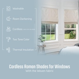 Everyday Celebration Roman Shades - Room Darkening, Cordless Pull Down Window Shades - Woven Fabric Blinds - (Vanilla) 29" W x 64" H