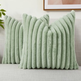 decorUhome Faux Fur Throw Pillow Covers 18x18 Set of 2, Decorative Soft Plush Striped Couch Pillow Covers with Velvet Back for Sofa, Bed, Living Room, Sage Green