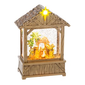 Ganz Midwest LED Festive Holiday Decoration for Home Mantel or Tabletop 10 Inch Swirling Glitter Tabletop Snow Globe Lantern Stable Design Brown Green and Gold Nativity Scene