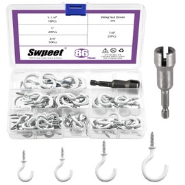 Swpeet 86Pcs 4 Sizes 3/4" 7/8" 1" 1-1/4" White Vinyl Coated Screw-in Hooks and Wing Nut Driver Assortment Kit, Ceiling Hooks Hanging Hooks, Heavy Duty Cup Screw Hooks, Plant Hooks, Kitchen Hooks