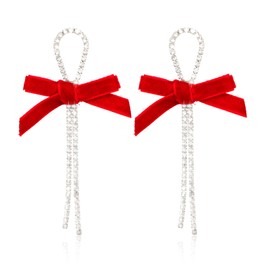 Atifober Long Bow Rhinestone Earrings Red Bow Dangle Earrings Cute Sparkly Ribbon Earrings Trendy Prom Fringe Earrings Fashion Wedding Christmas Earrings Bow Jewelry For Women Birthday Party Festivals