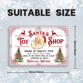 Santa's Toy Shop Metal Tin Sign Vintage Retro Christmas Decor Wall Art for Farmhouse Home Kitchen Cafe Family Living Room Decor Holiday Gift 8x12 inch