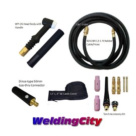 WeldingCity 200-amp WP-26 Air-cooled TIG Welding Torch Complete Package with 12.5-ft Power Cable Hose and Dinse 35-50 (1/2"-pin) In-line Gas-thru Cable Adapter
