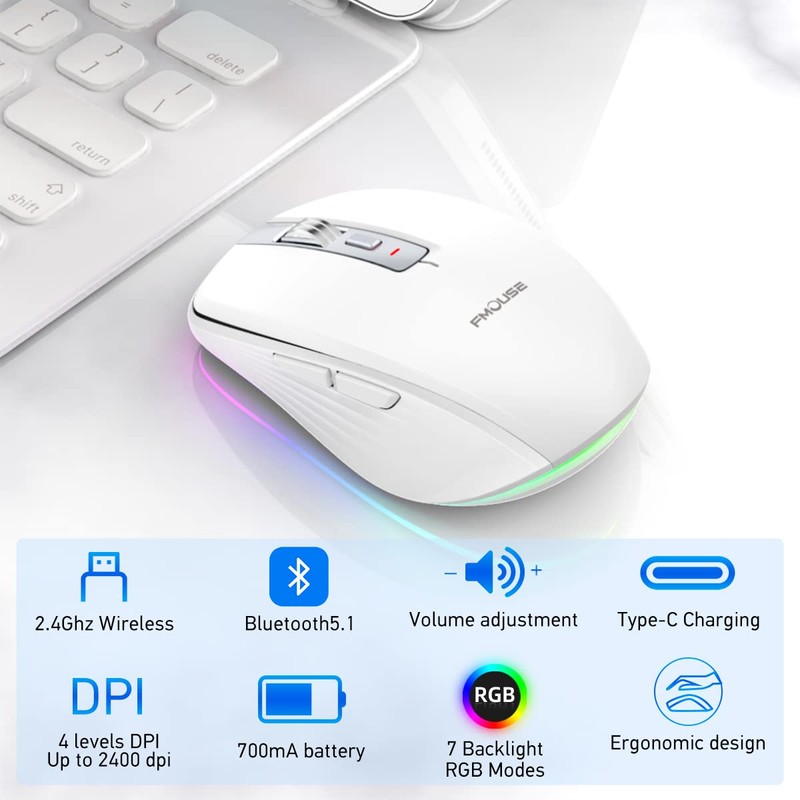 zienstar-Mouse Inalámbrico Recargable con Luz RGB,Modo Dual (2.4G USB+Bluetooth 5.1),Ajuste