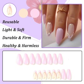 Ceboic Pack of 24 Almond Nails for Sticking, Short, French White Flowers, Artificial Nails, Glossy Press on Nails, Reusable Oval False Nails, Acrylic Fingernails, Fake Nails for Women and Girls