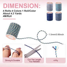 Beadthoven 4 Rolls Braided Cotton String Cord for Friendship Bracelets, Blue Macrame Cord Twine Colorful Boho Chinese Knotting String for Jewelry Making DIY Crafts Kumihimo Dream Catchers Wall Hanger