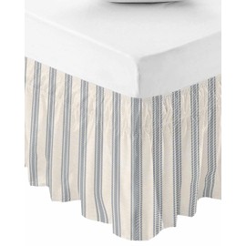 RisQiten Blue Striped Bed Skirt Queen Size 16 Inch Drop, Adjustable Elastic Bedskirt Dust Ruffle for Queen Bed, Modern Farmhouse Stripes Rustic Wrap Around Bed Skirts Luxurious Pleated Bed Frame Cover