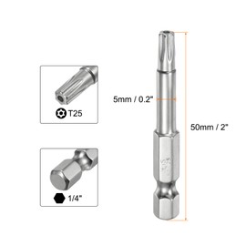 sourcing map T25 Security Torx Bit 1/4" Hex Shank 2" Long S2 Steel Magnetic Tamper Resistant Star Bits Screwdriver Torx Head with Hole for Driver Drill Bits Remove Fastening Screws