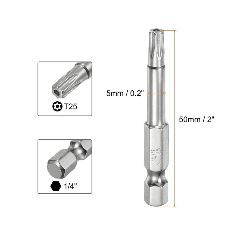 sourcing map T25 Security Torx Bit 1/4" Hex Shank 2"