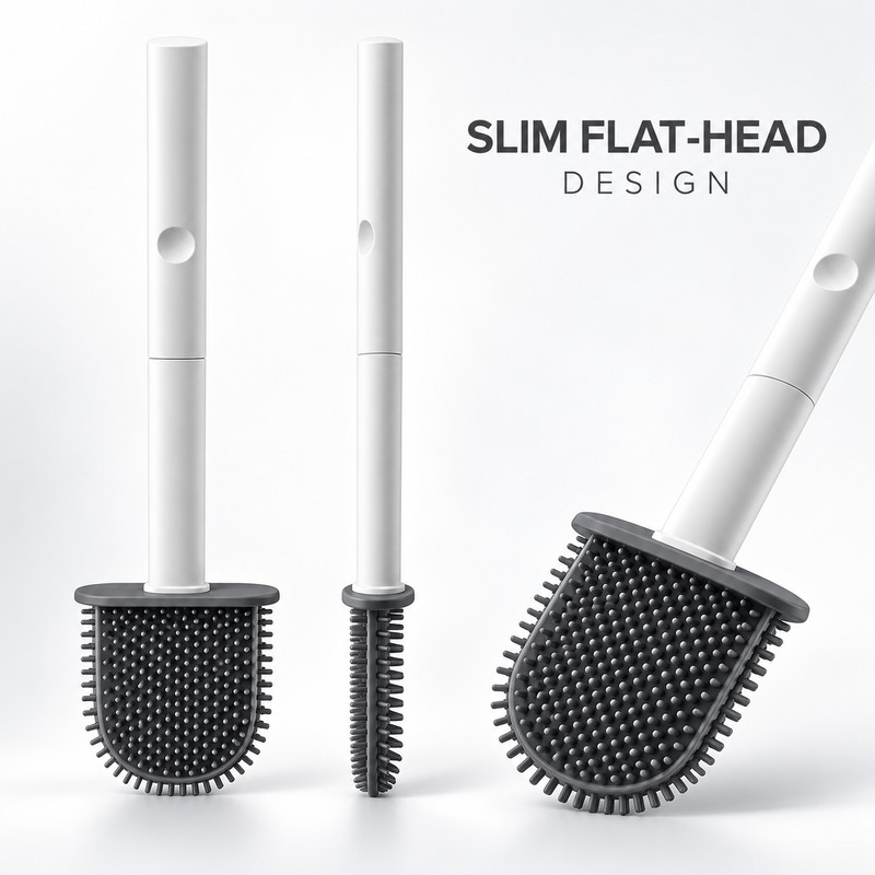 Flat Head Toilet Brush with Wall-Mounted Holder – Flexible Bathroom