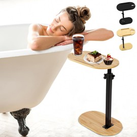 KOCASO Bamboo Bathtub Tray Table with Adjustment Height - 360° Rotatable Bath Tray Table for Tub Desktop Freestanding Bath Caddy - Ideal for Against Wall Couch Bed Sofa Side Table，Wood