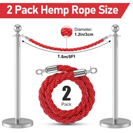 kaiyomi 2 Pack Red Hemp Braided Stanchion Rope, 5 Feet Crowd Control Twisted Post Ropes with Silver Lobster Clasp, Safety Queue Barrier Stanchions Ropes are Suitable for Parties, Red Carpets (Red)