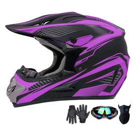 Motocross Helmet,Youth & Kids ATV Dirt Bike Motorcycle, BMX 4-Wheeler Off-Road Mountain Bike Helmet,DOT Certified,W/Gloves Goggles Mask 4-Piece Set (Purple, Small)