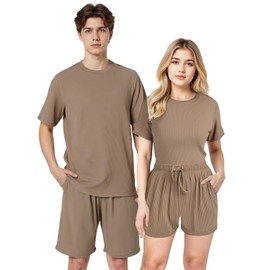 LANDUNSI Mens Pajamas Set Shorts 2 Piece Ribbed Knit Lounge Sets Short Sleeve Tops Summer Soft Pj Sleepwear Khaki