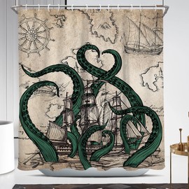 Coxila Vintage Octopus Shower Curtain Long Wide Retro Funny Nautical Monster Ocean Fun Kraken Anime Pirate Map Sea Sailboat Ship Boys Mens Kids Bathroom 72 x 72 Inch Polyester Fabric 12 Pack Hooks