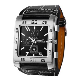 Avaner Men's Square Watch, Oversize Steampunk Watch, Leather Strap Big Face Watch, Black, casual