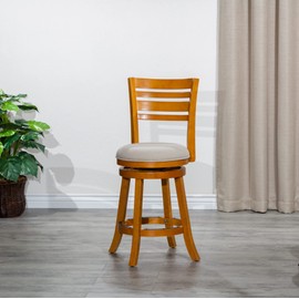 LUMILAND 24" Counter Height Slat Back Swivel Stool with Beige Fabric Seat and Natural Finish